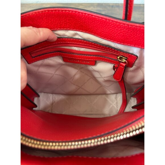 Michael Kors Mercer Red Coral Tan Leather Straw Purse Hand Bag Accordion - Picture 13 of 14